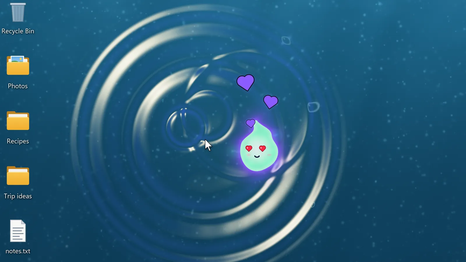 Wisp, a glowing little spirit with heart eyes, floating over a deep-sea wallpaper beside the desktop icons and the mouse pointer, a ripple spreading through the water