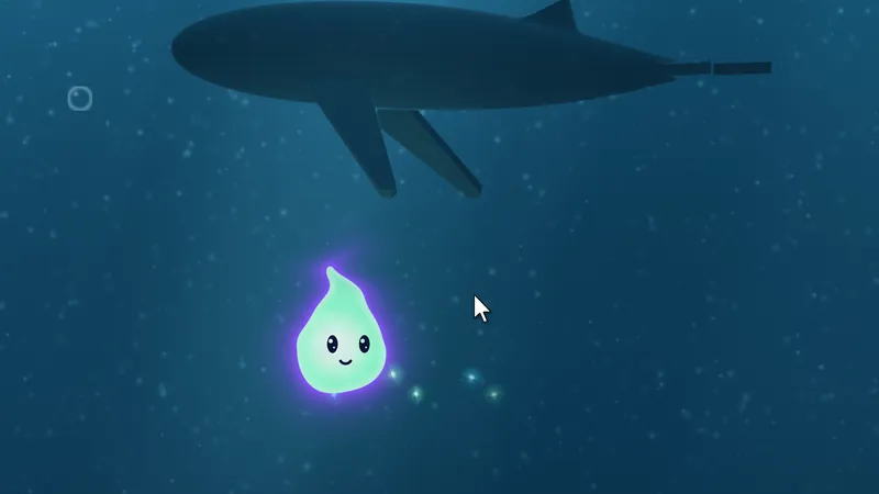 Wisp glowing in the deep sea as a whale passes above it